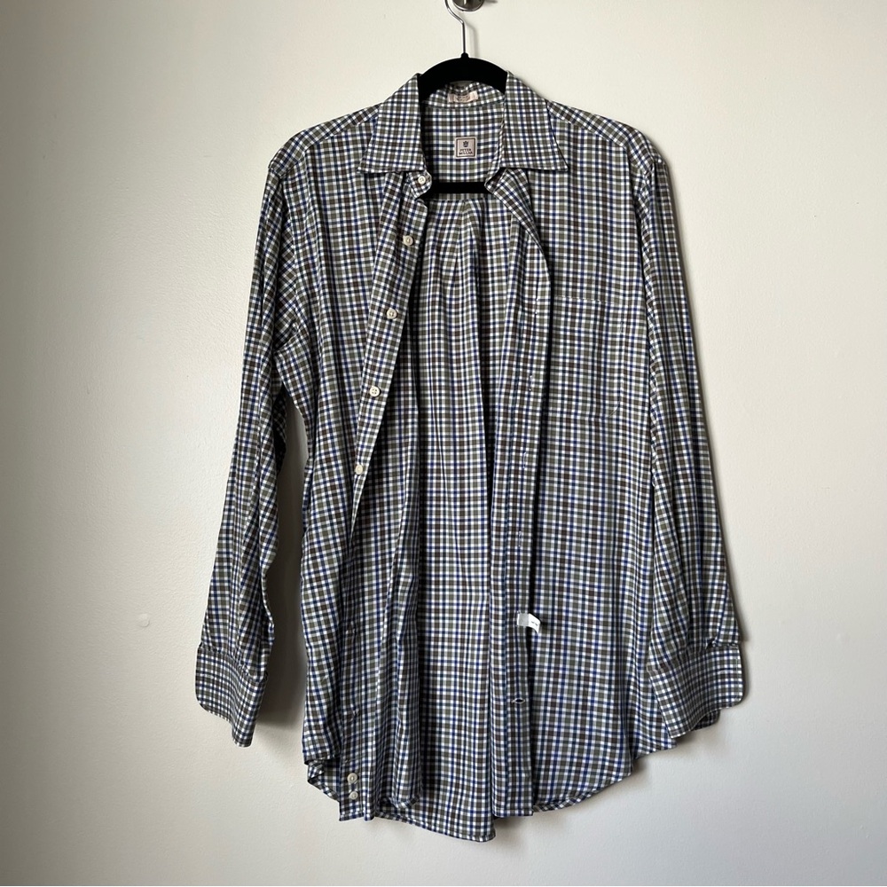 Peter Millar 100% Cotton Green Blue Plaid Shirt, size M